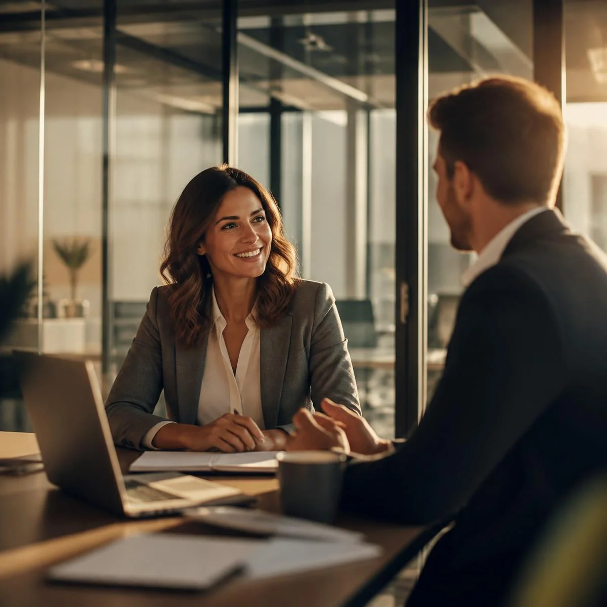 Two professionals in an advisory session in a warm-lit office