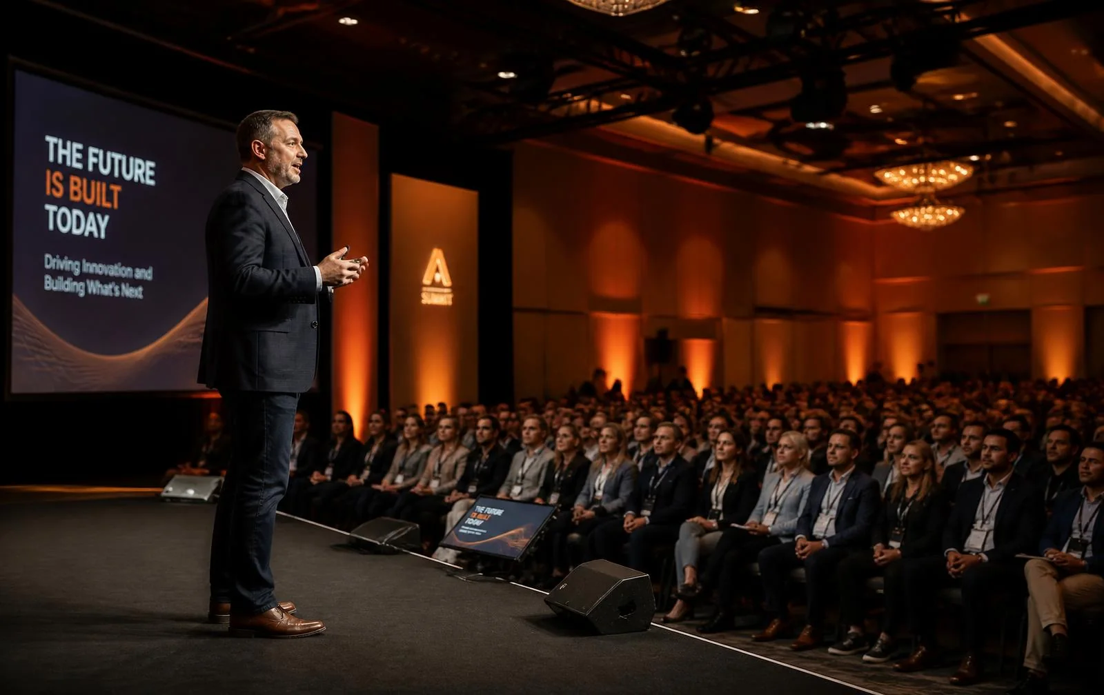 A speaker on stage addressing a seated business audience