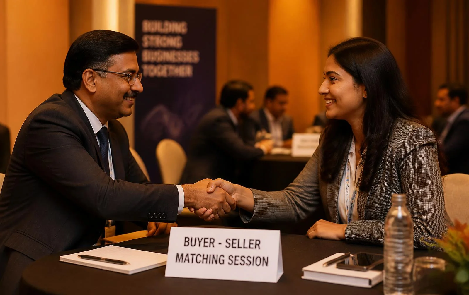 Two business people shaking hands at a buyer-seller matching session