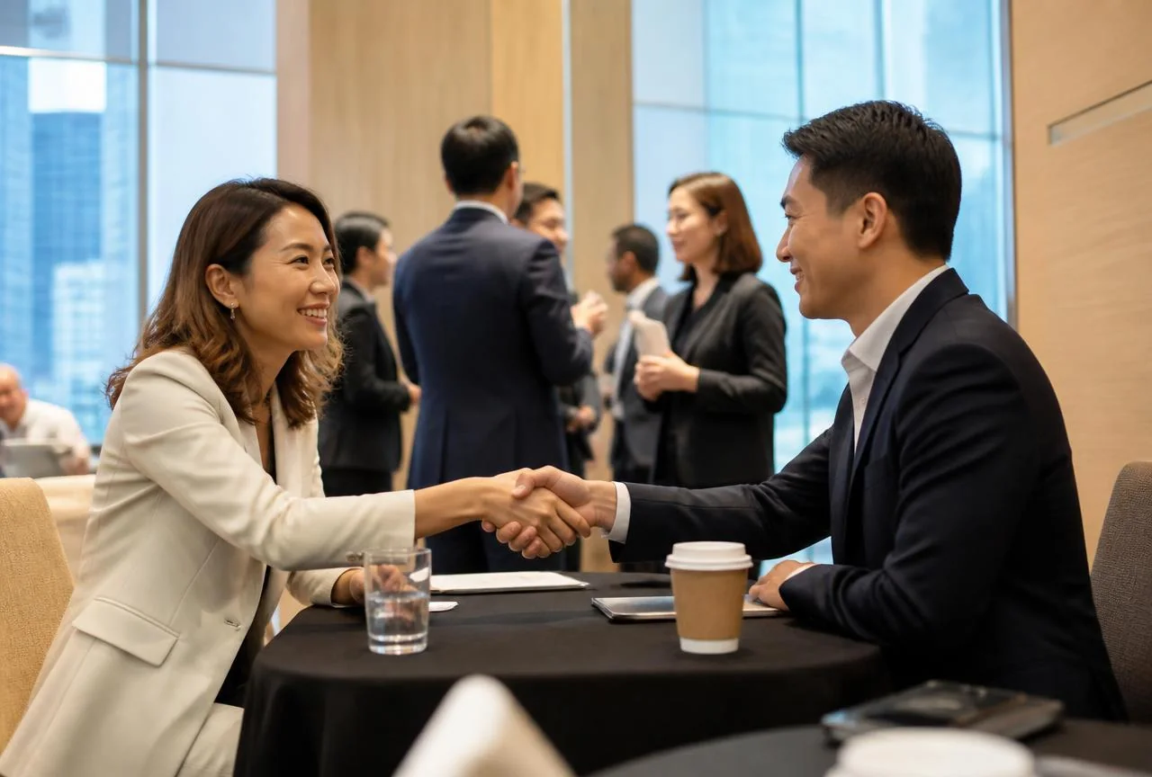 Associate members shaking hands at a SICCI networking session