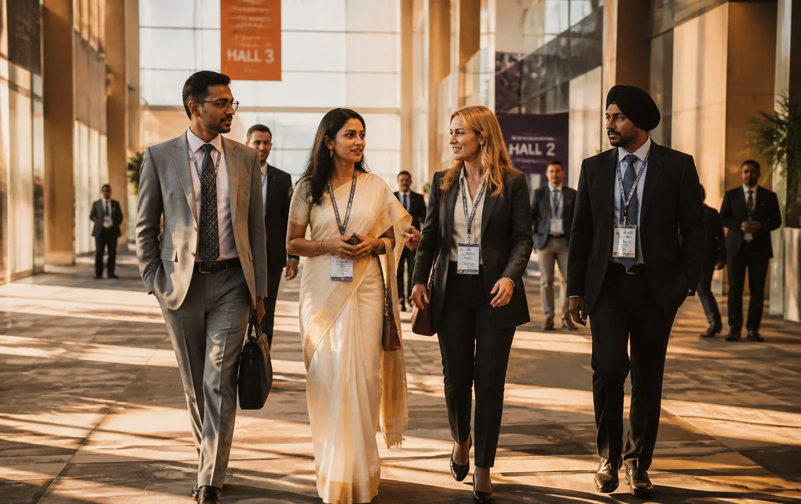 A business delegation walking through a convention centre