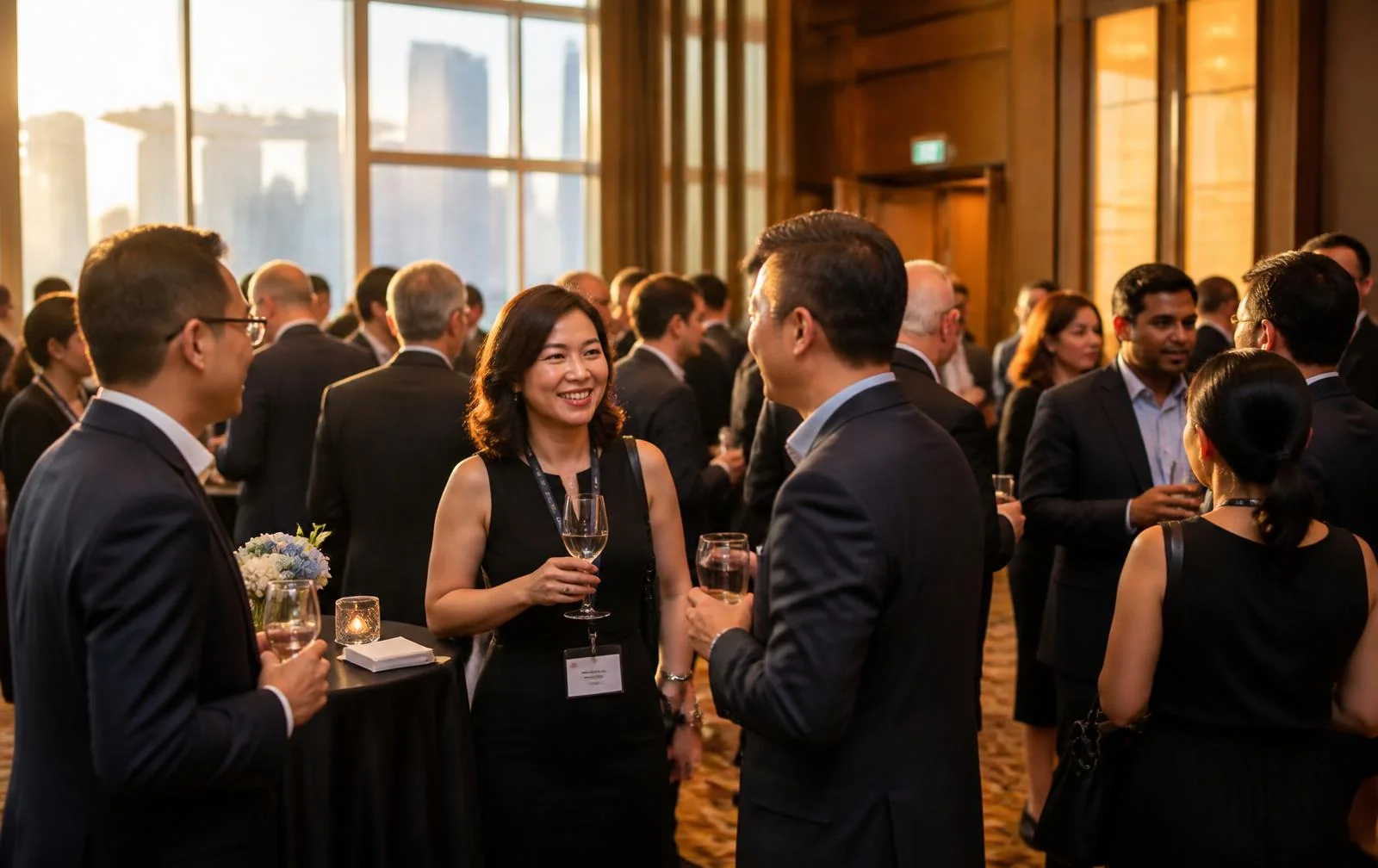 Business professionals in conversation at a networking reception