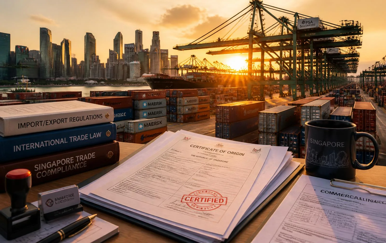 Certificate of origin documents with Singapore's container port at sunset